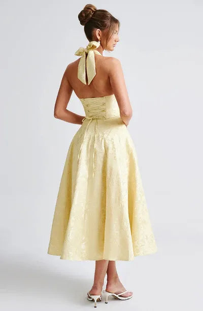 Floral Jacquard Halter Neck Midi Dress
