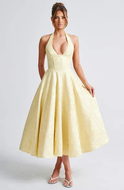 Floral Jacquard Halter Neck Midi Dress