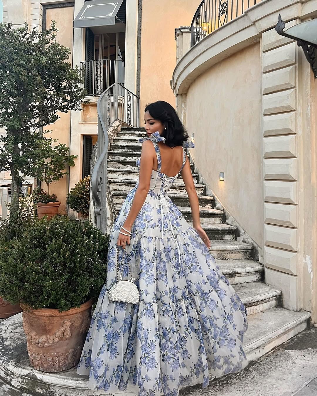 Hydrangea Floral Print Organza Maxi Dress with Tie Straps & Corset Bodice