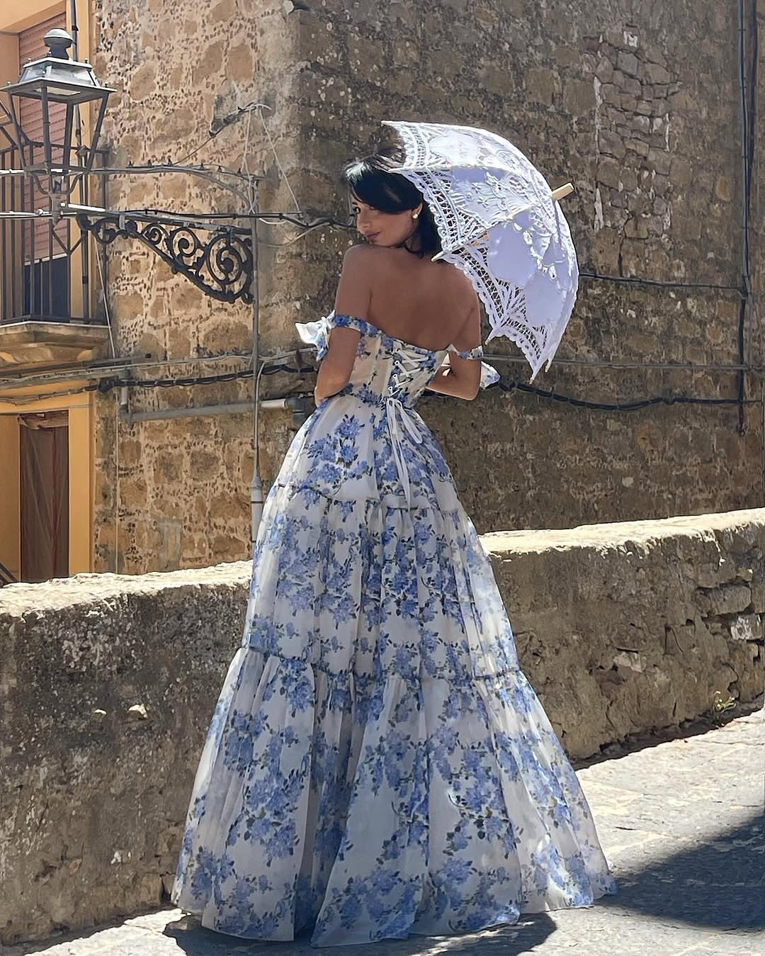 Hydrangea Floral Print Organza Maxi Dress with Tie Straps & Corset Bodice