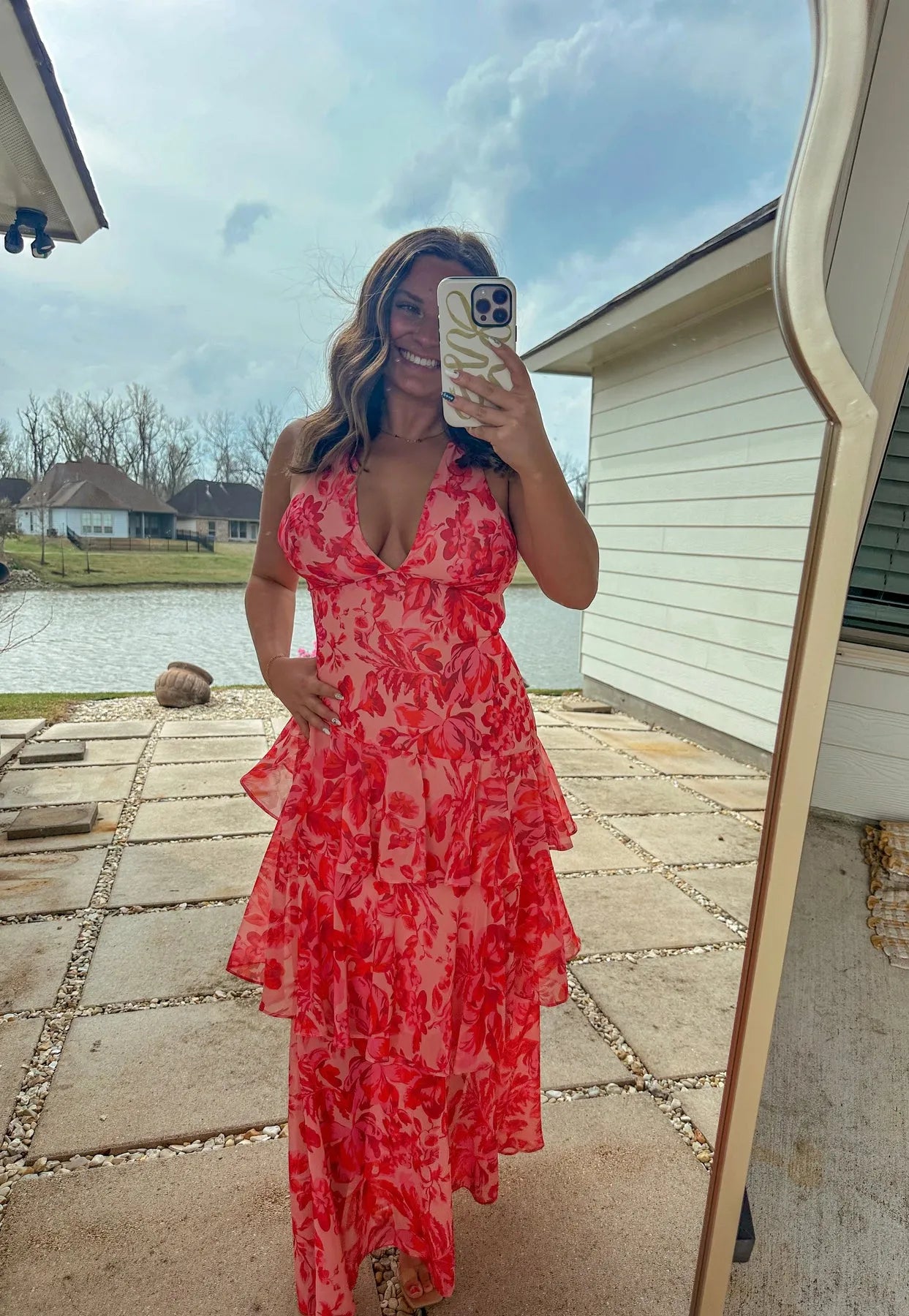 Sleeveless Deep V-Neck Floral Print Tiered Ruffle Dress - Strappy Back Detail