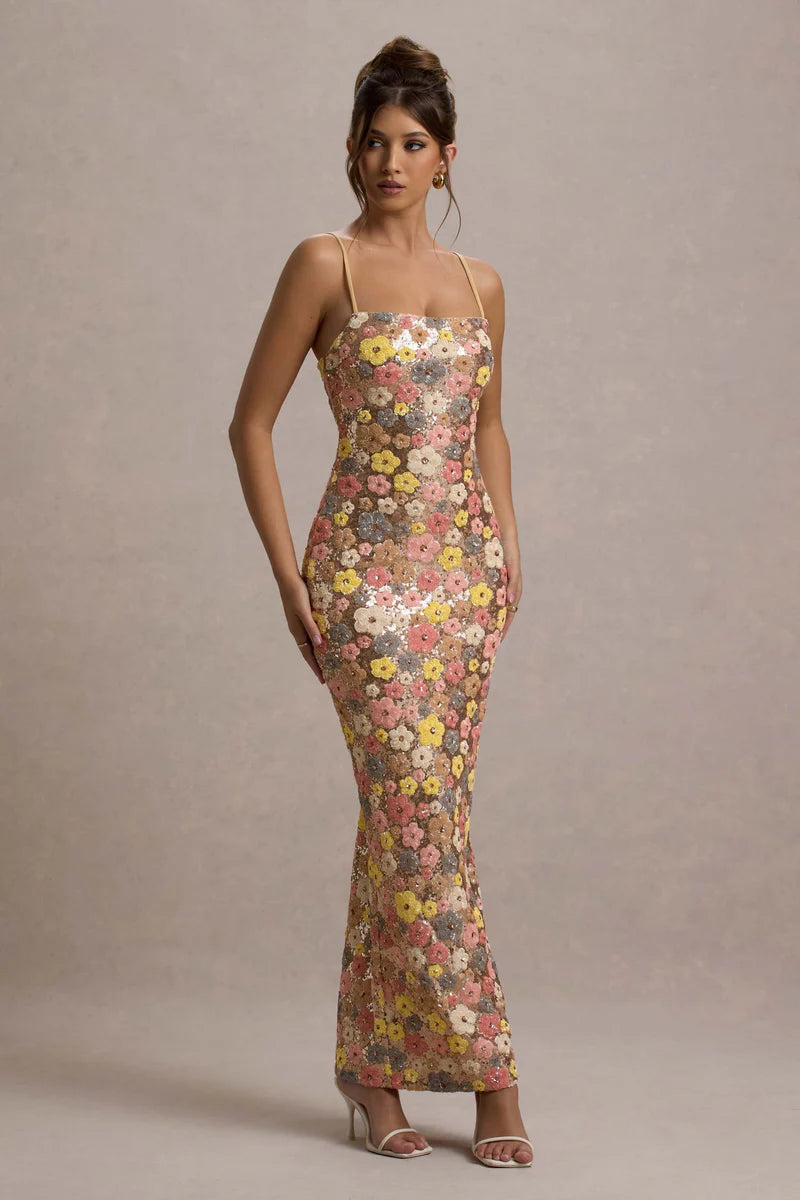 Floral Gingham Voile Dress - Romantic Lace-Up Back with Blooming Print for Spring