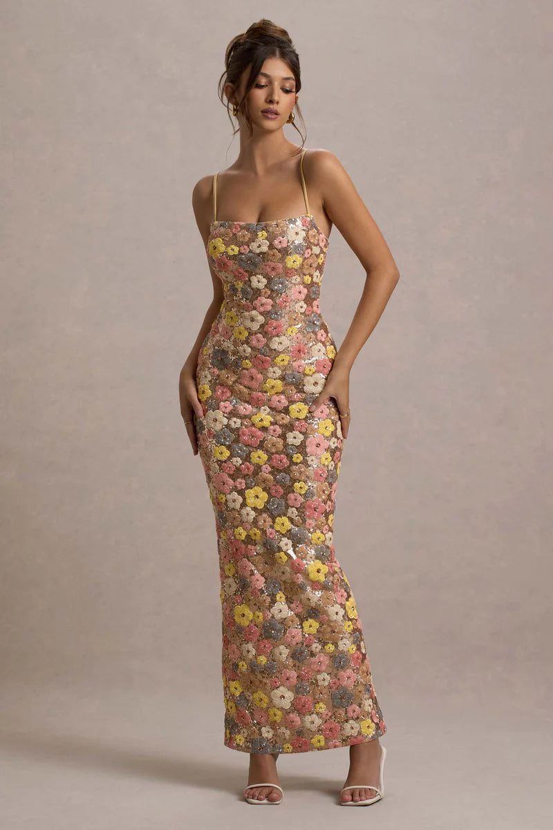Floral Gingham Voile Dress - Romantic Lace-Up Back with Blooming Print for Spring