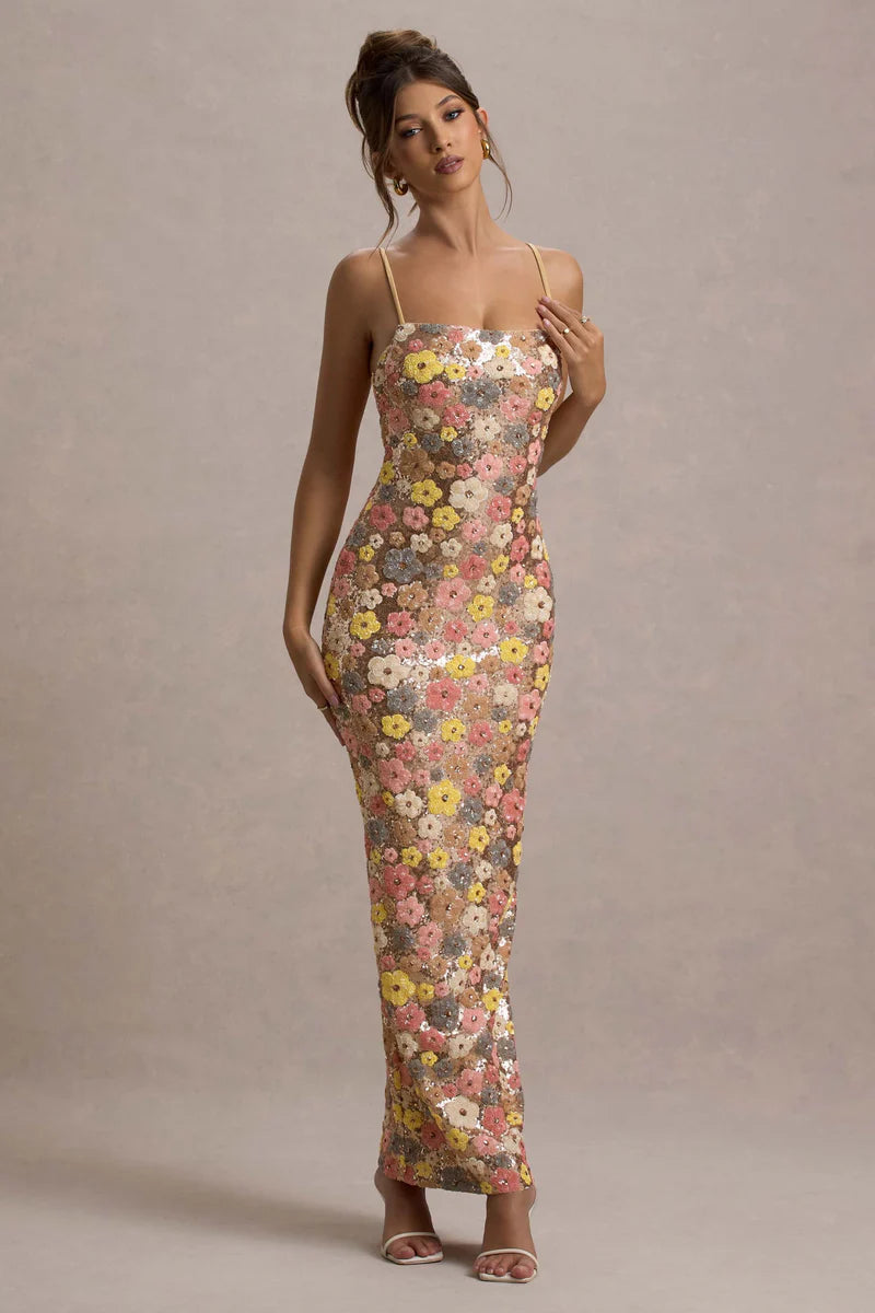 Floral Gingham Voile Dress - Romantic Lace-Up Back with Blooming Print for Spring